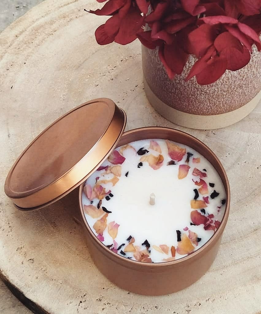 Bougie La vie en rose - boîte métallique bronze
